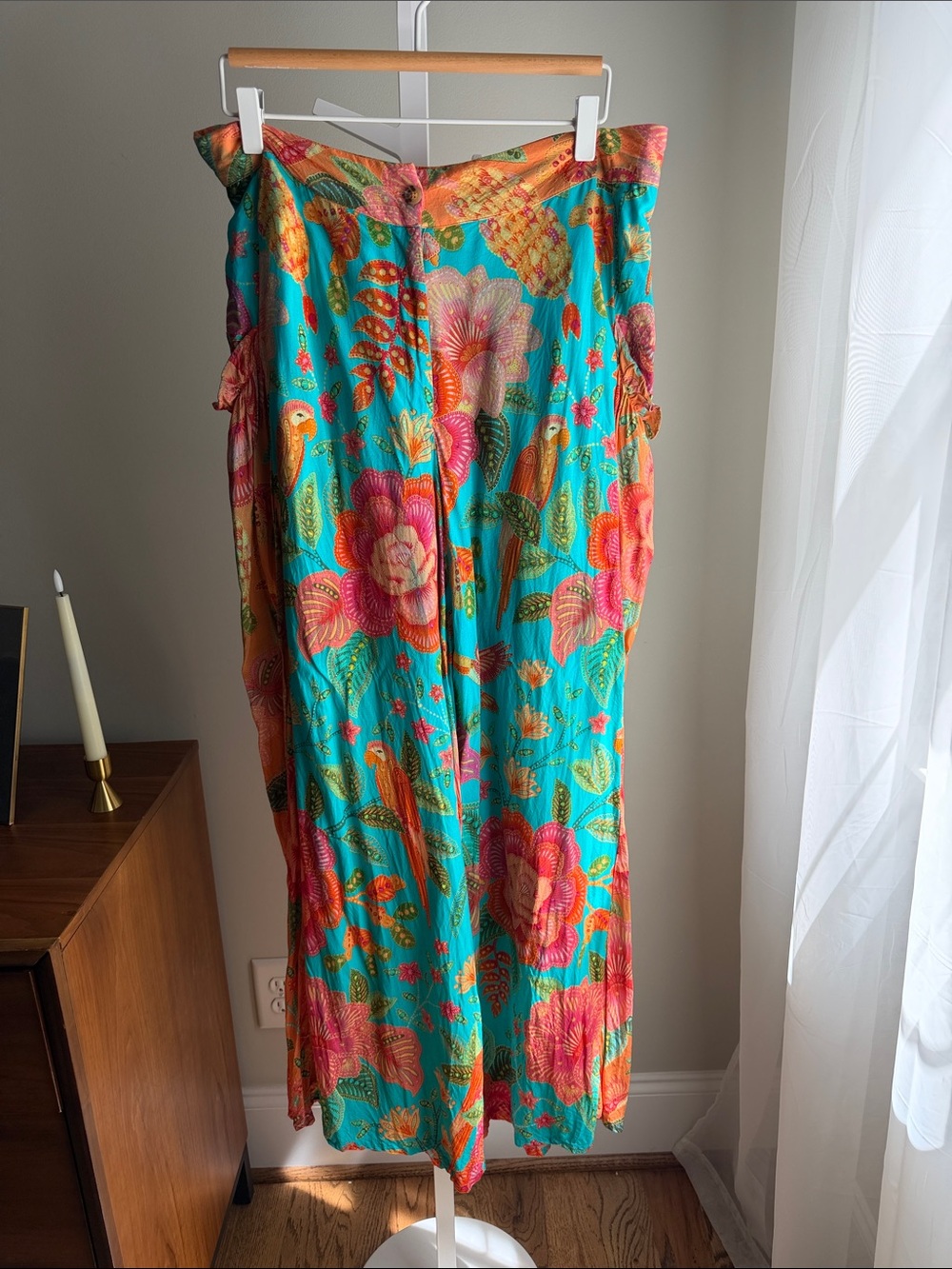 Anthropologie x Farm Rio Turquoise Floral Wide-Leg Pants L